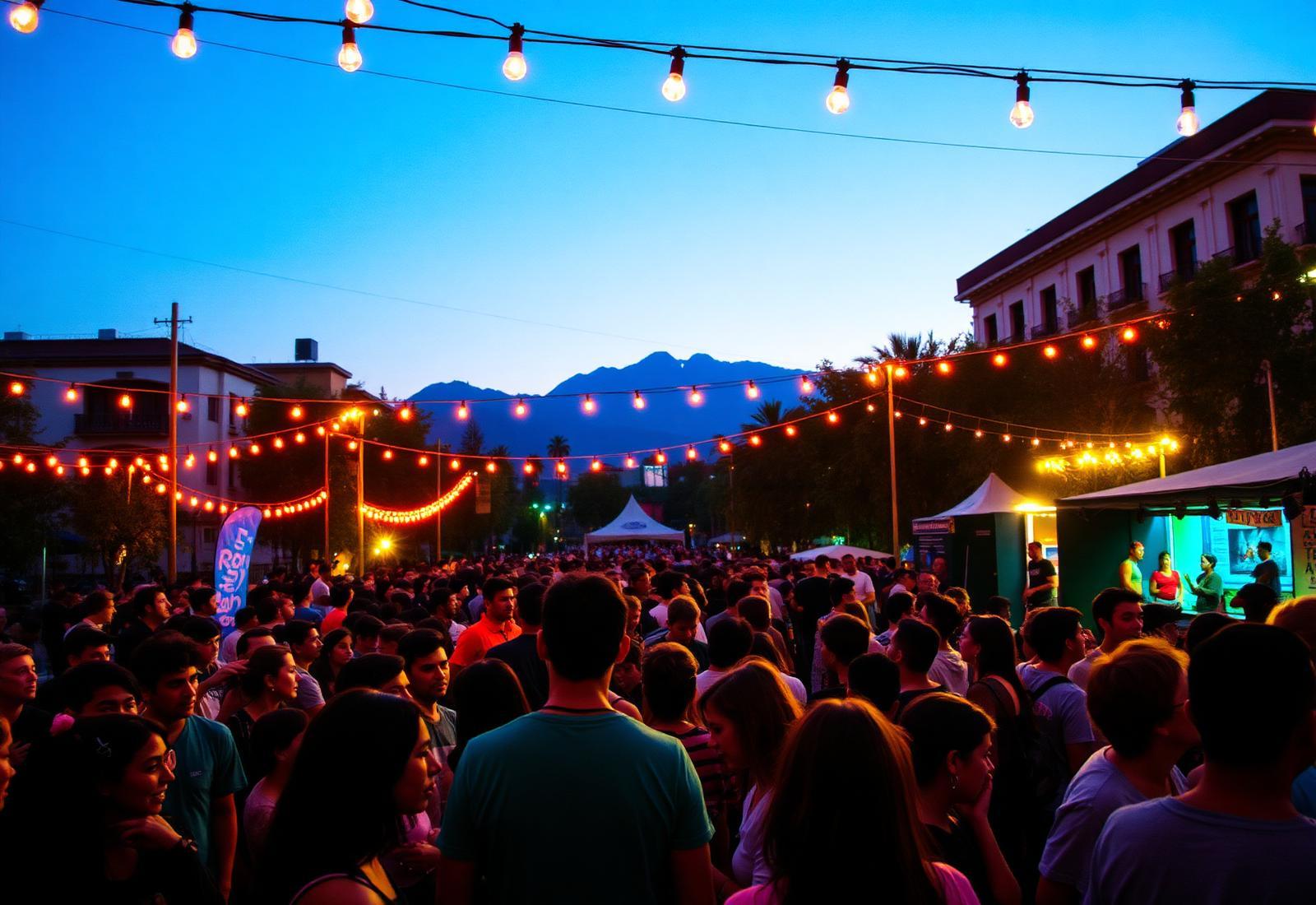 Festival cultural en Santiago al atardecer